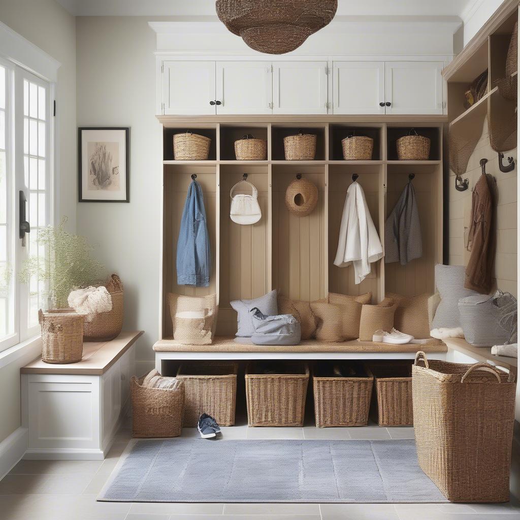 Wicker shoe storage baskets in a mudroom, keeping dirty shoes organized and contained.