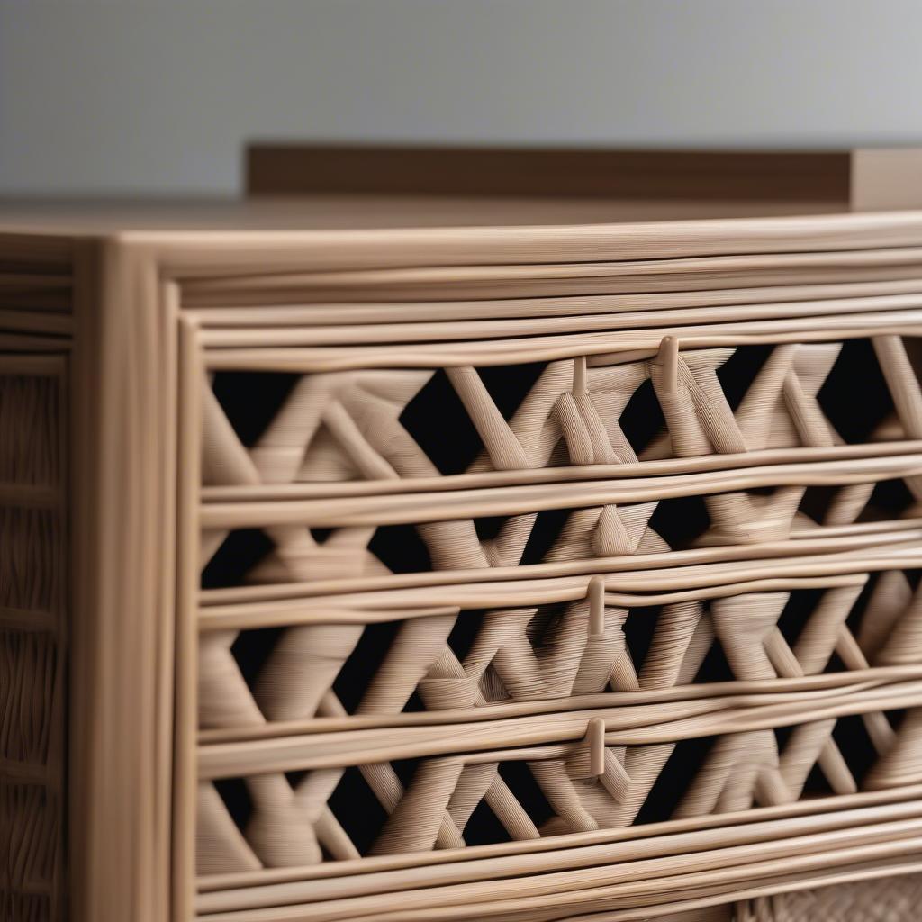 Close-up Detail of Wicker Sideboard Weaving and Drawer Handles