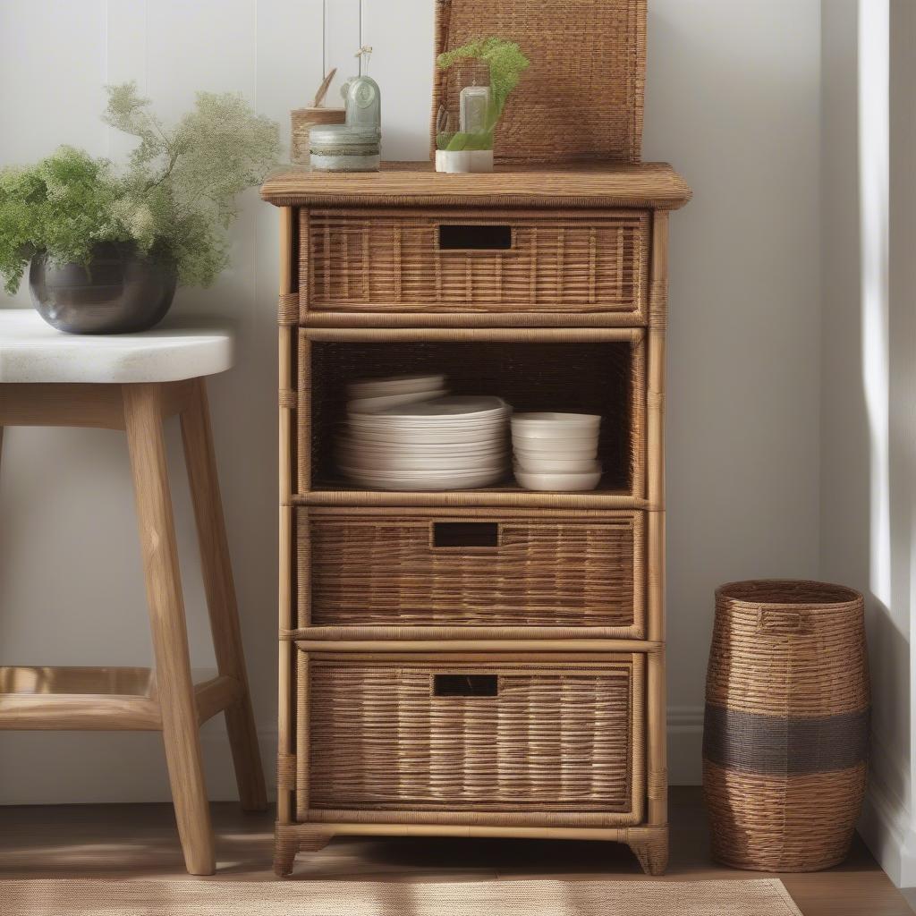 Different styles of wicker single drawer cabinets