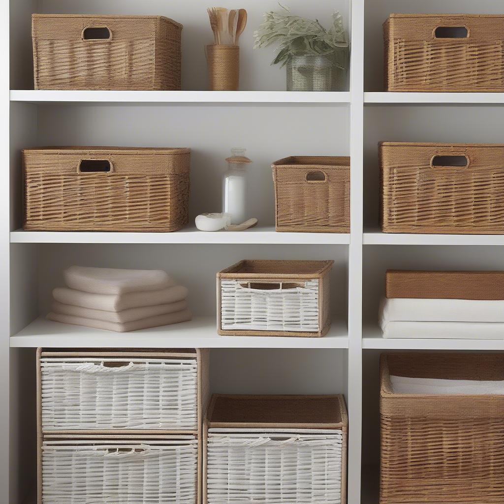 Variety of wicker small storage units showcasing different sizes, shapes, and styles.