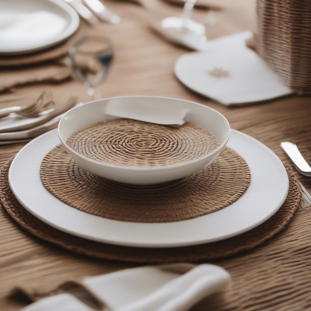 Wicker star placemats arranged on a dining table, showcasing their rustic charm and intricate design.