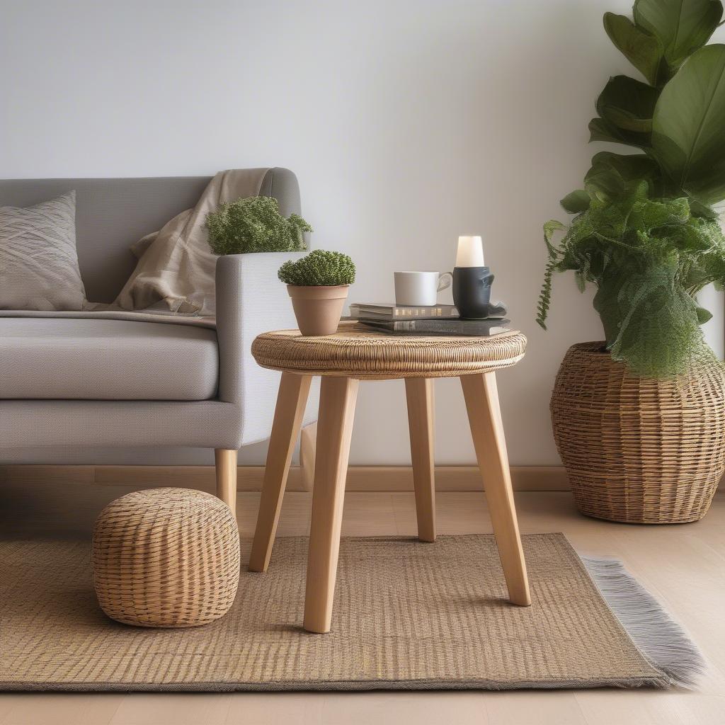 Creative ways to incorporate a wicker storage stool into living room decor.