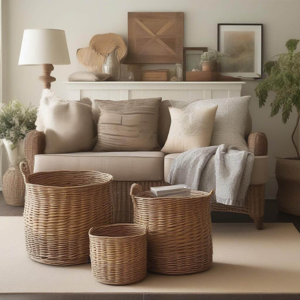 Stylishly decorated living room incorporating 12x12 wicker storage baskets for blankets and magazines, demonstrating practical and aesthetic use.