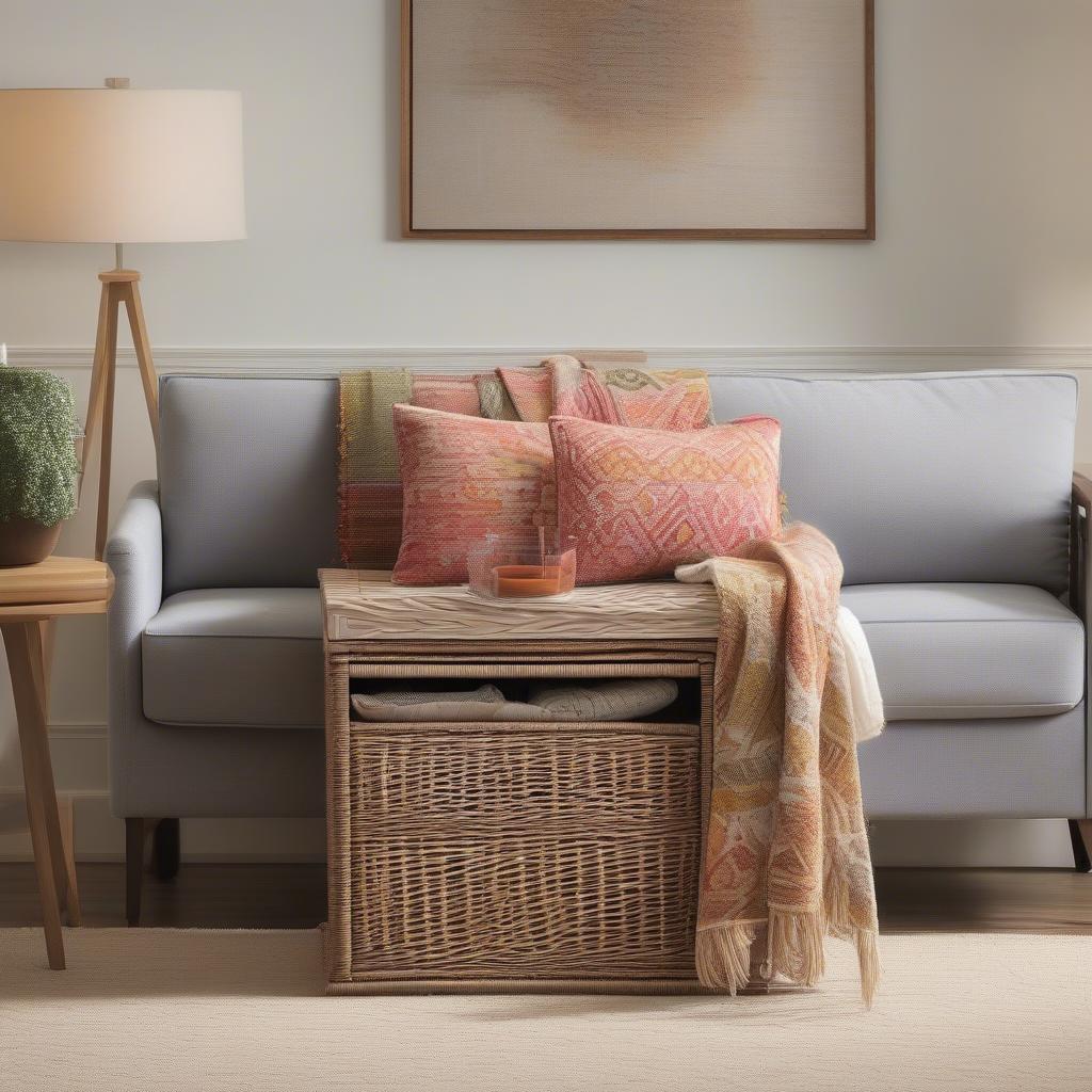 Wicker storage accent table in a living room setting, showcasing its stylish design and practicality.