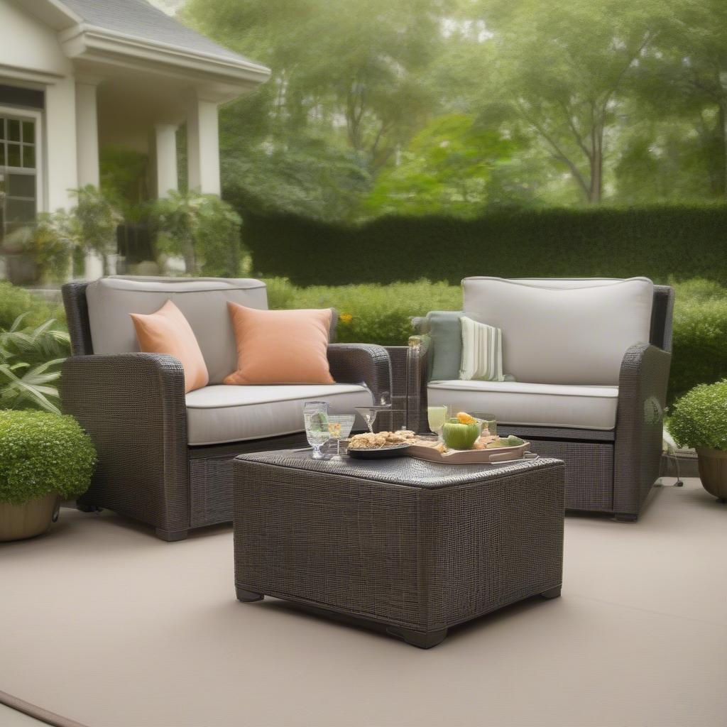 Wicker storage accent table on an outdoor patio, surrounded by plants and comfortable seating.