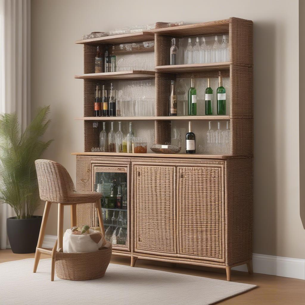 Modern living room with a wicker storage bar