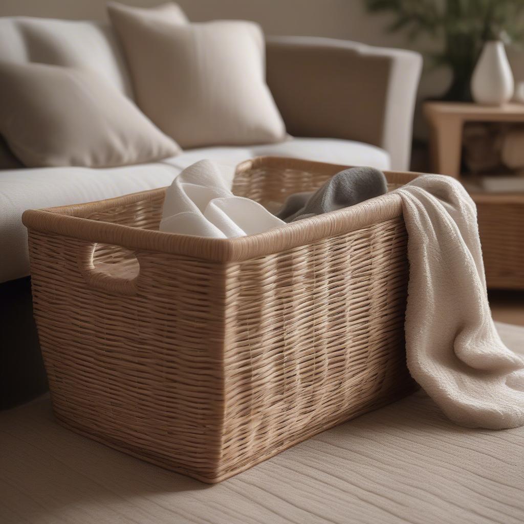 Wicker storage basket 11x10x11 in a natural-toned living room, filled with blankets and throws.