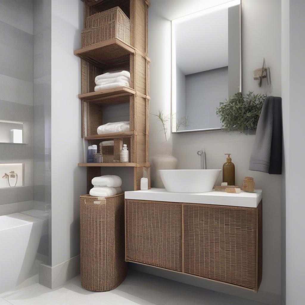 Large wicker storage baskets used in a bathroom in Australia