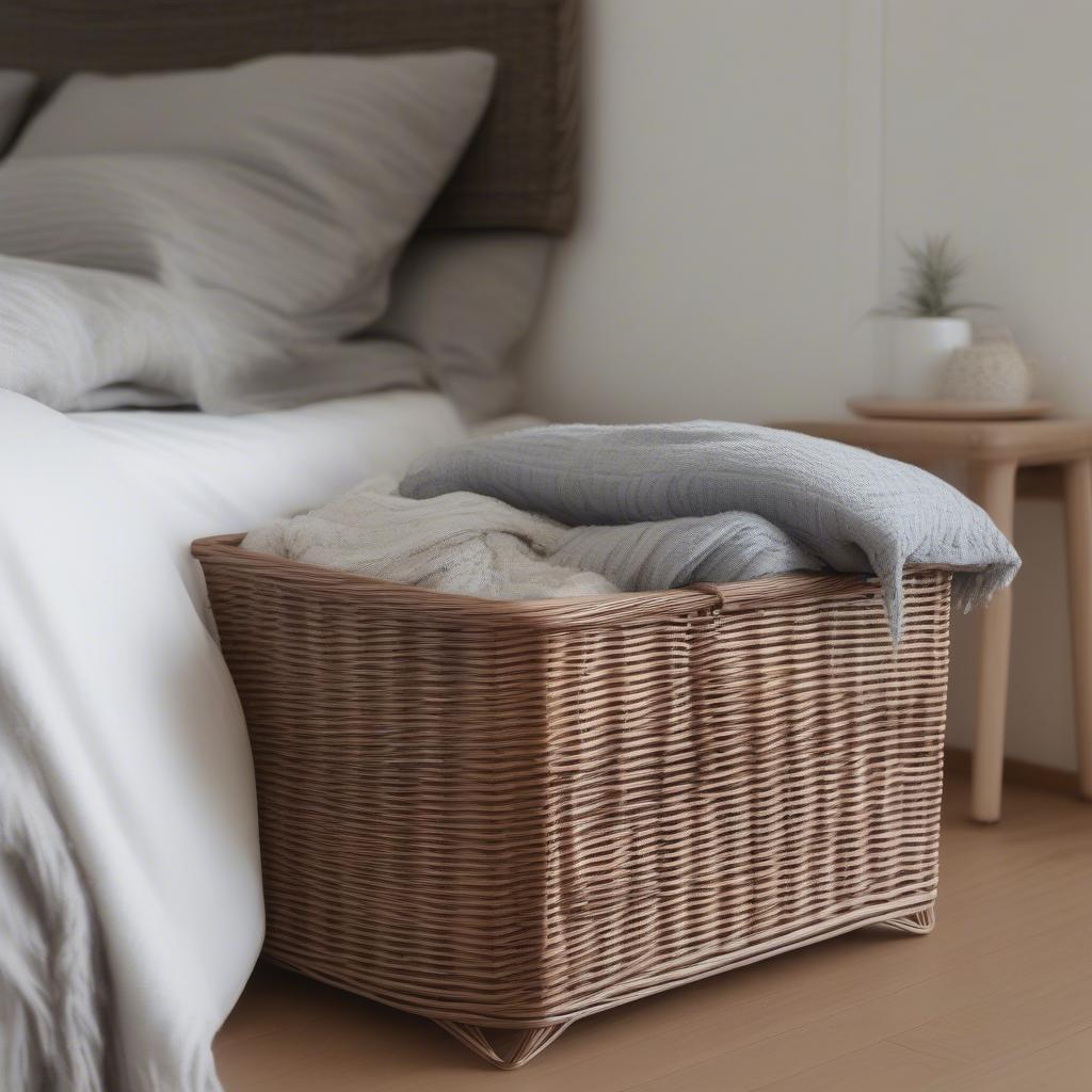 Wicker storage basket used in bedroom setting