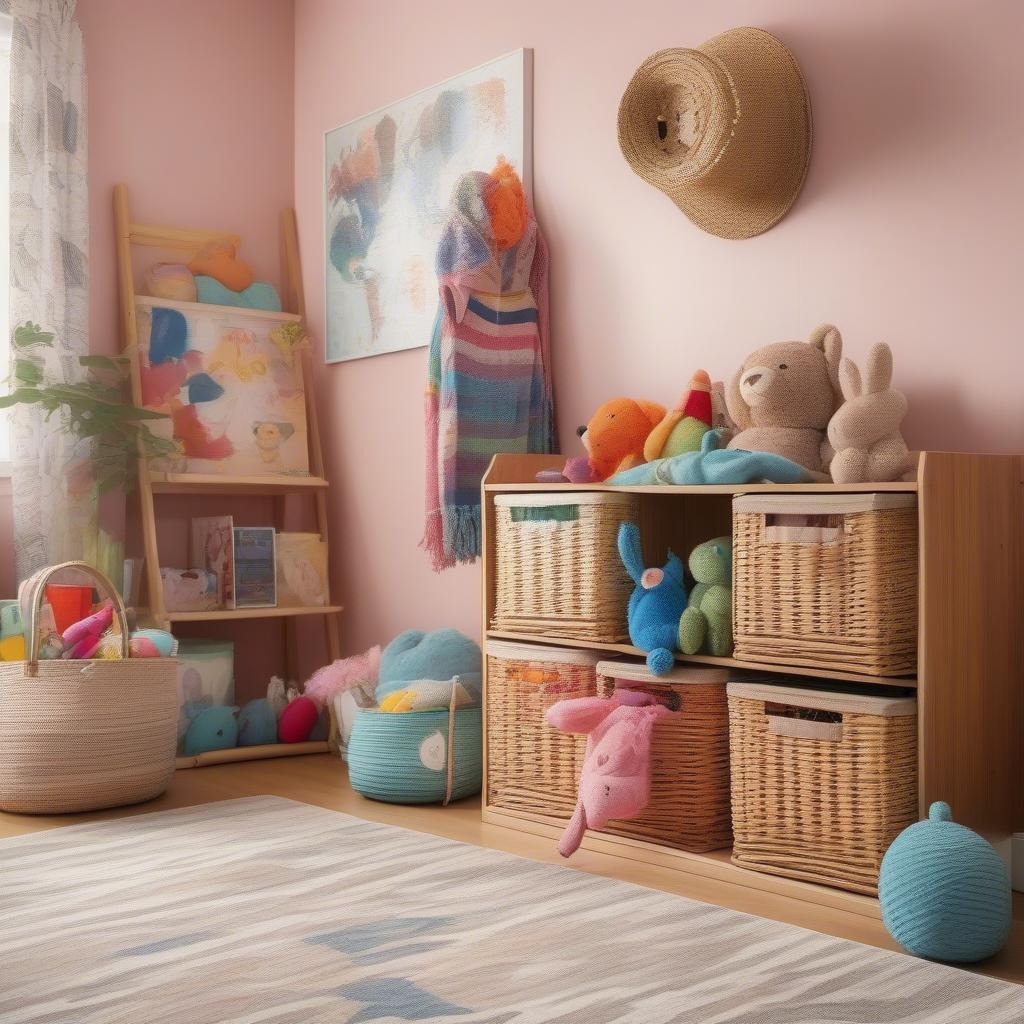 Wicker storage basket cubby used for toy storage in a child's bedroom.