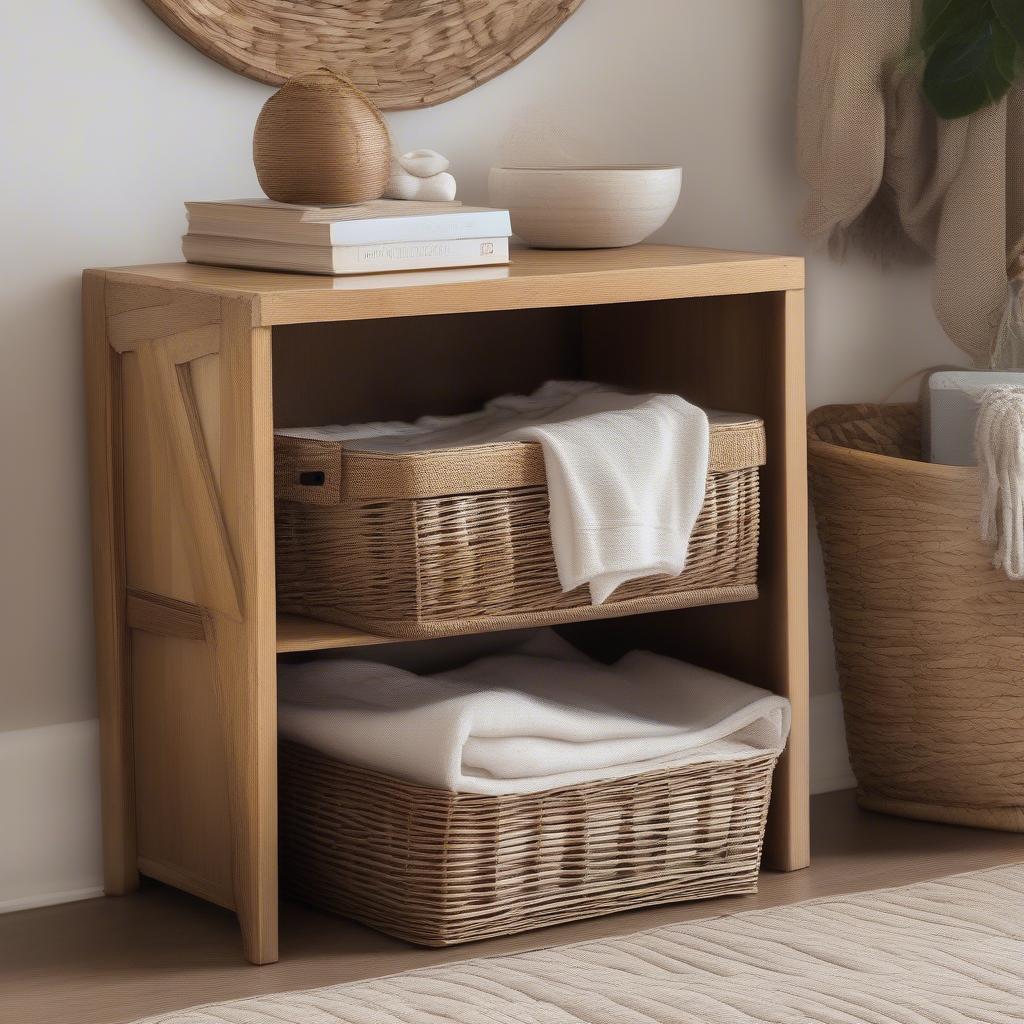 Wicker storage basket cubby in a living room setting, showcasing its versatility and aesthetic appeal.