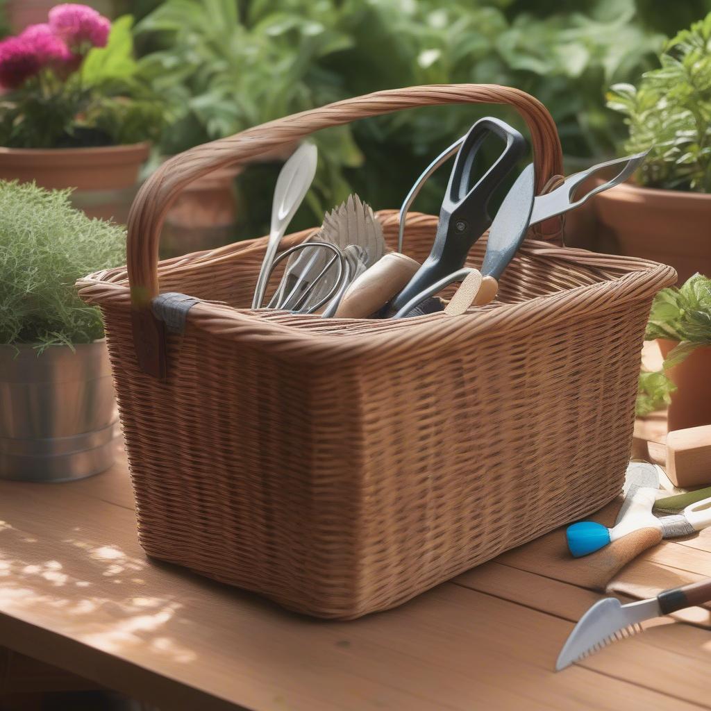 Wicker storage basket filled with gardening tools