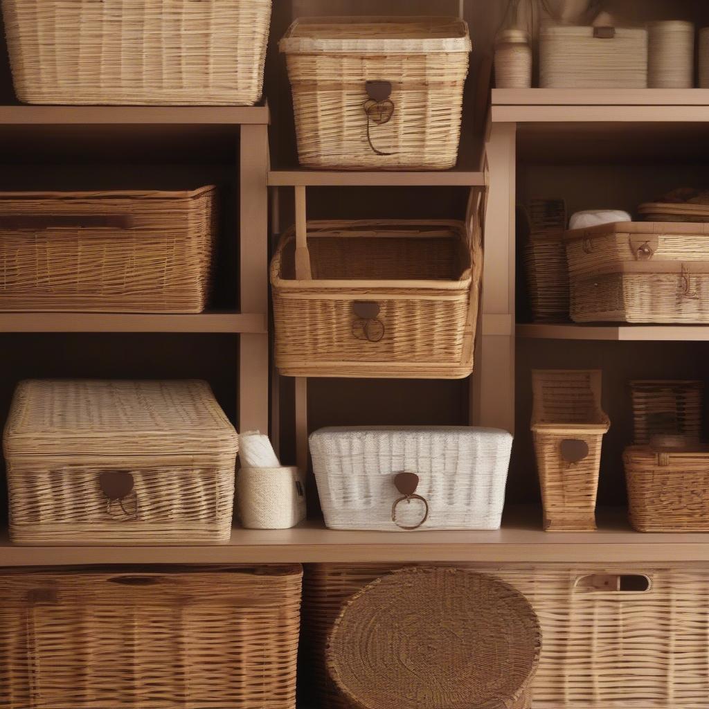 Various wicker storage baskets with hinged lids showcasing different sizes, shapes, and colors.