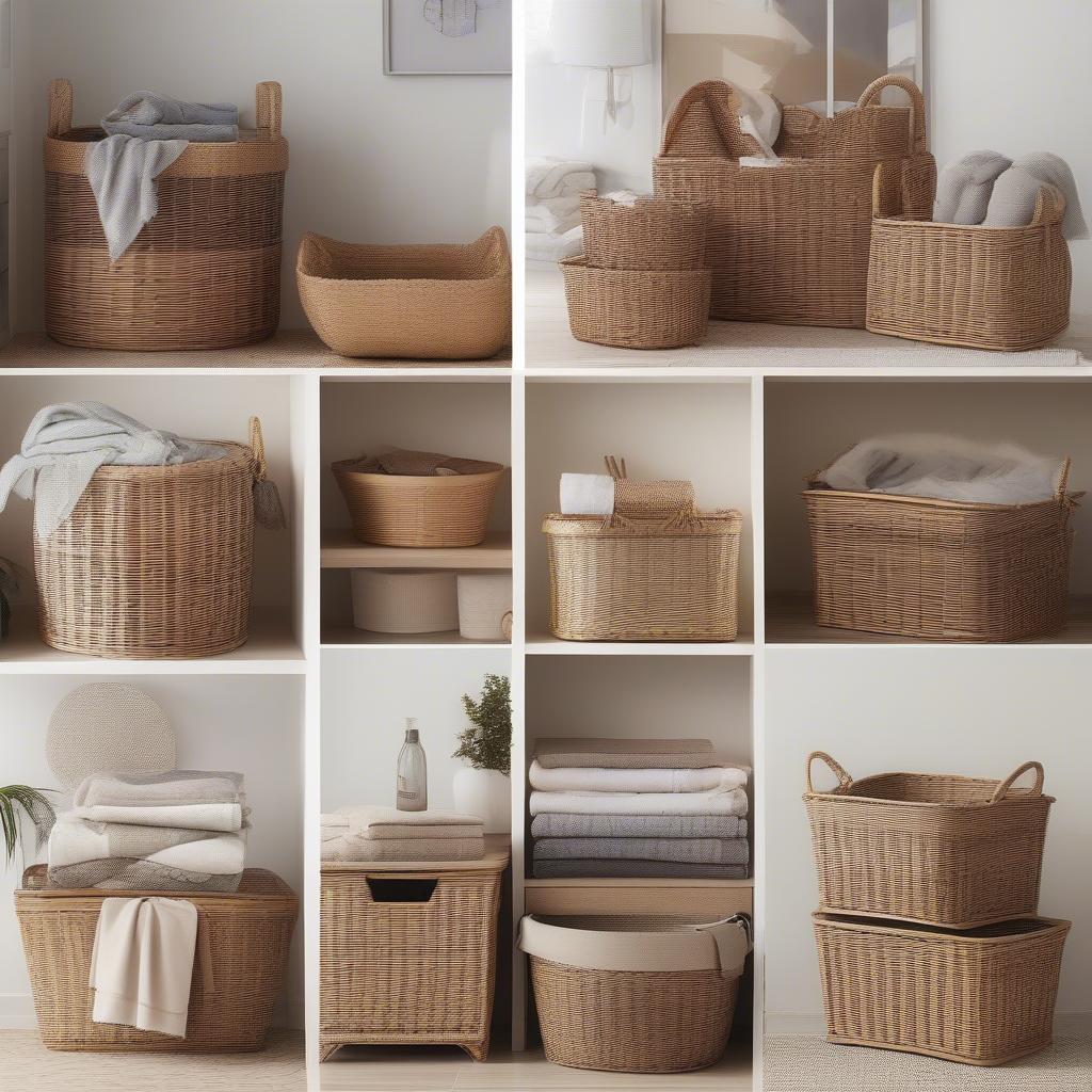 Wicker storage baskets in various rooms