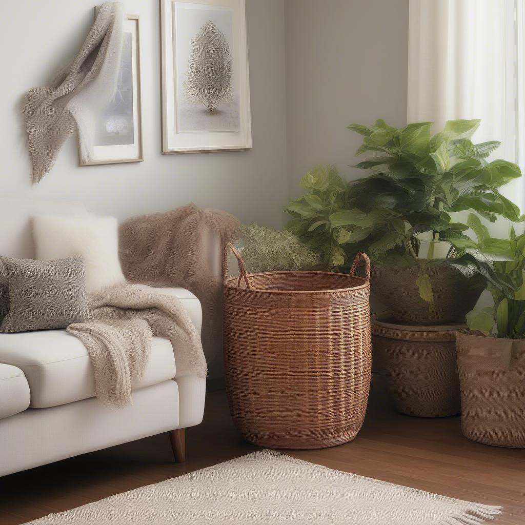 Large wicker storage basket used as a decorative element in a living room