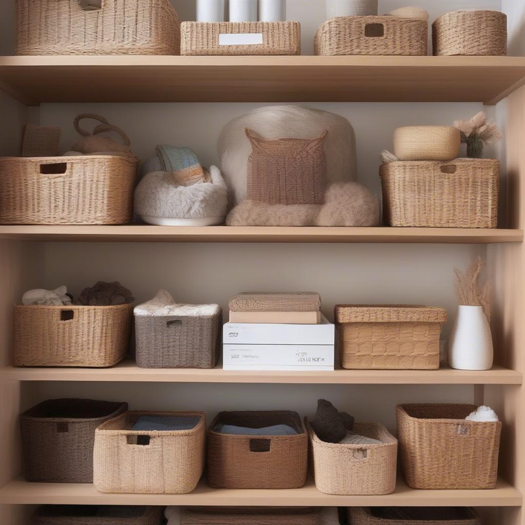 Organized shelves with wicker storage baskets