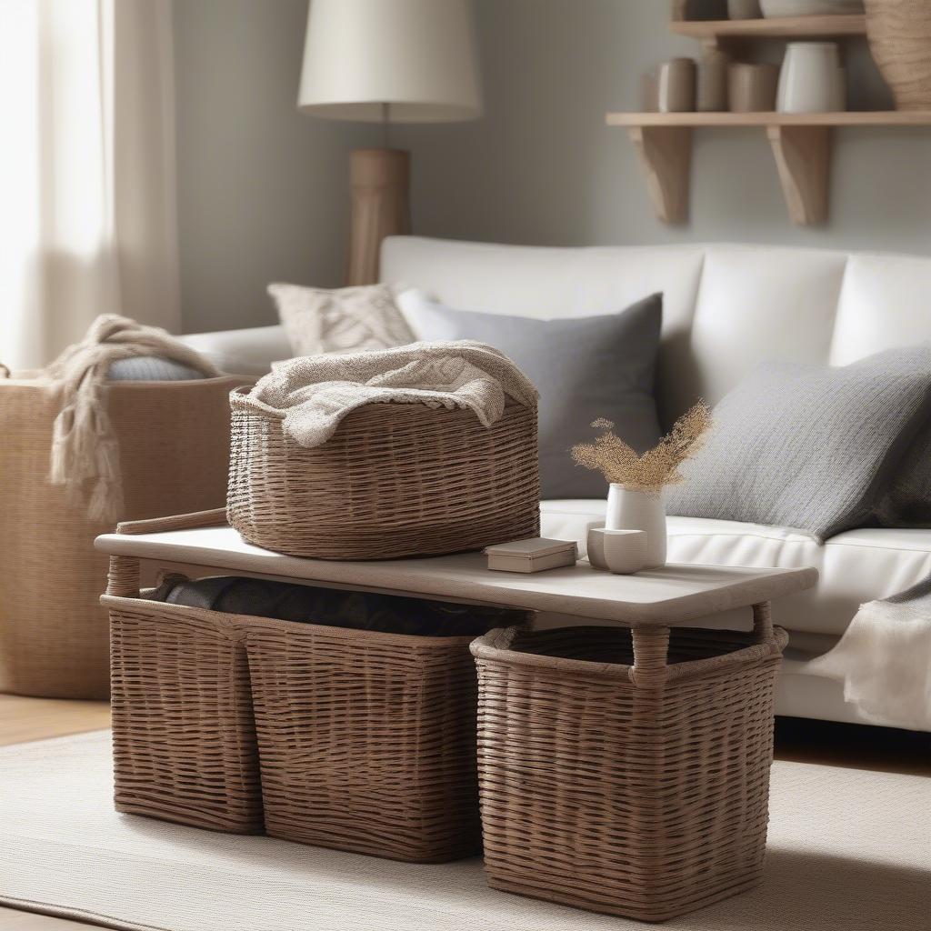 Wicker storage basket set in a living room setting, showcasing its organizational and aesthetic benefits.