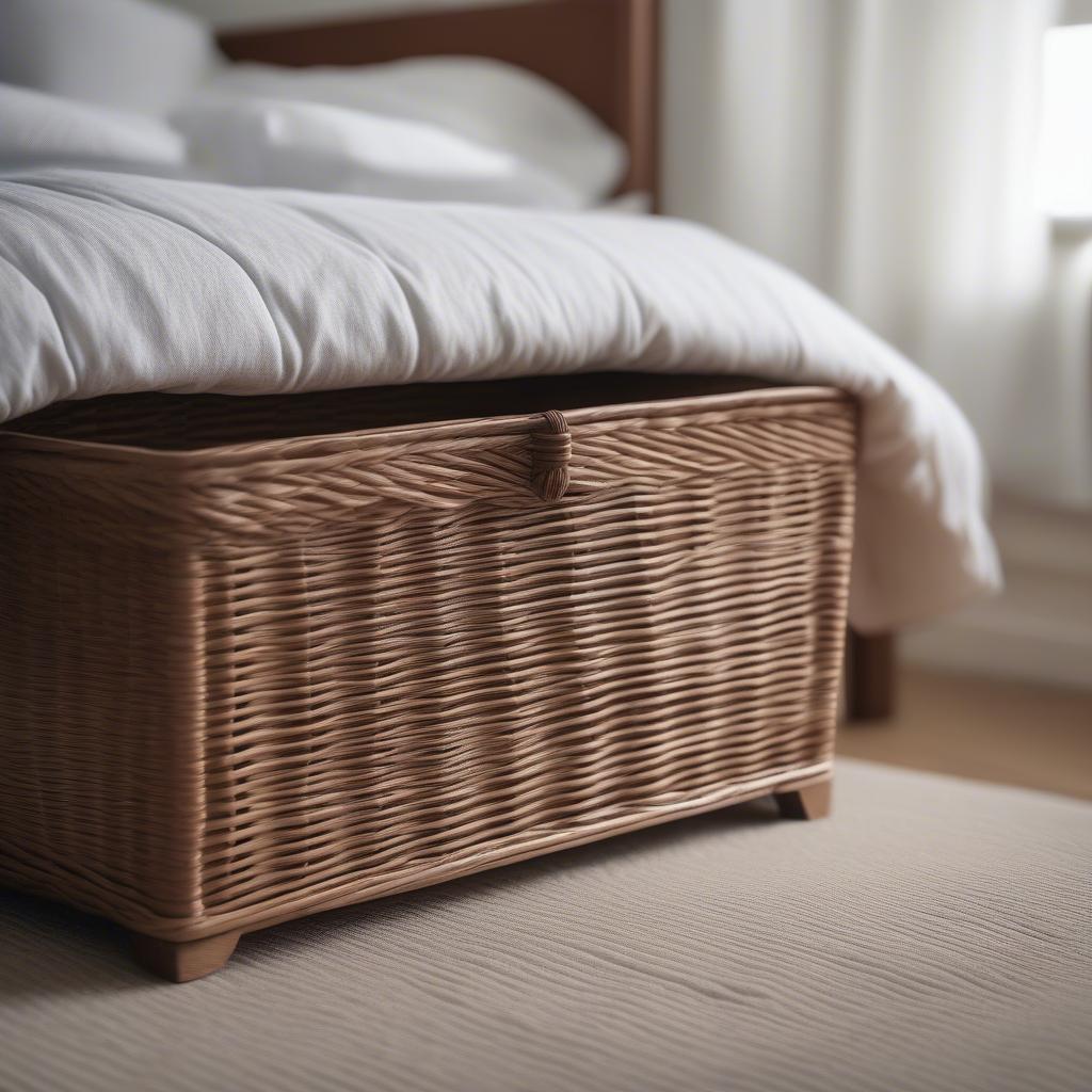 Wicker storage basket with lid in a bedroom