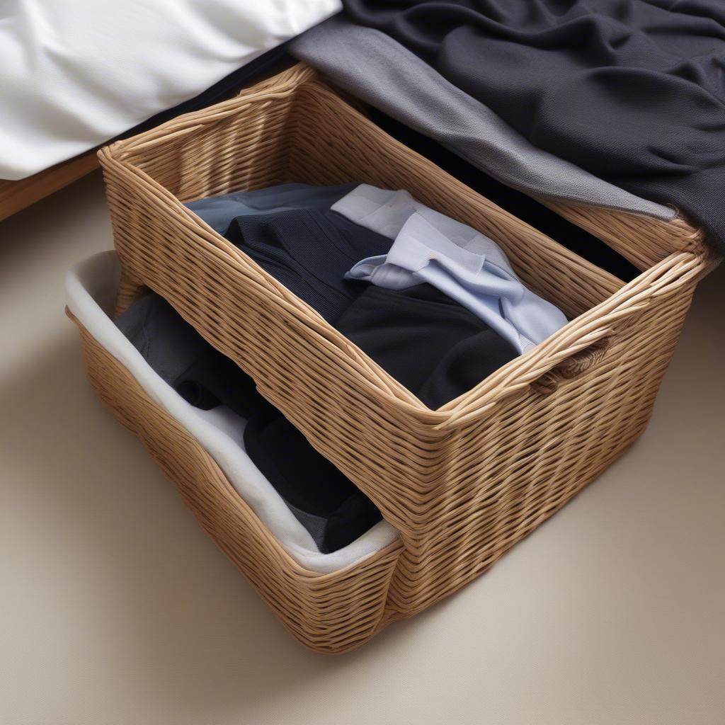 A wicker storage basket fitted with rollers for easy access under the bed.