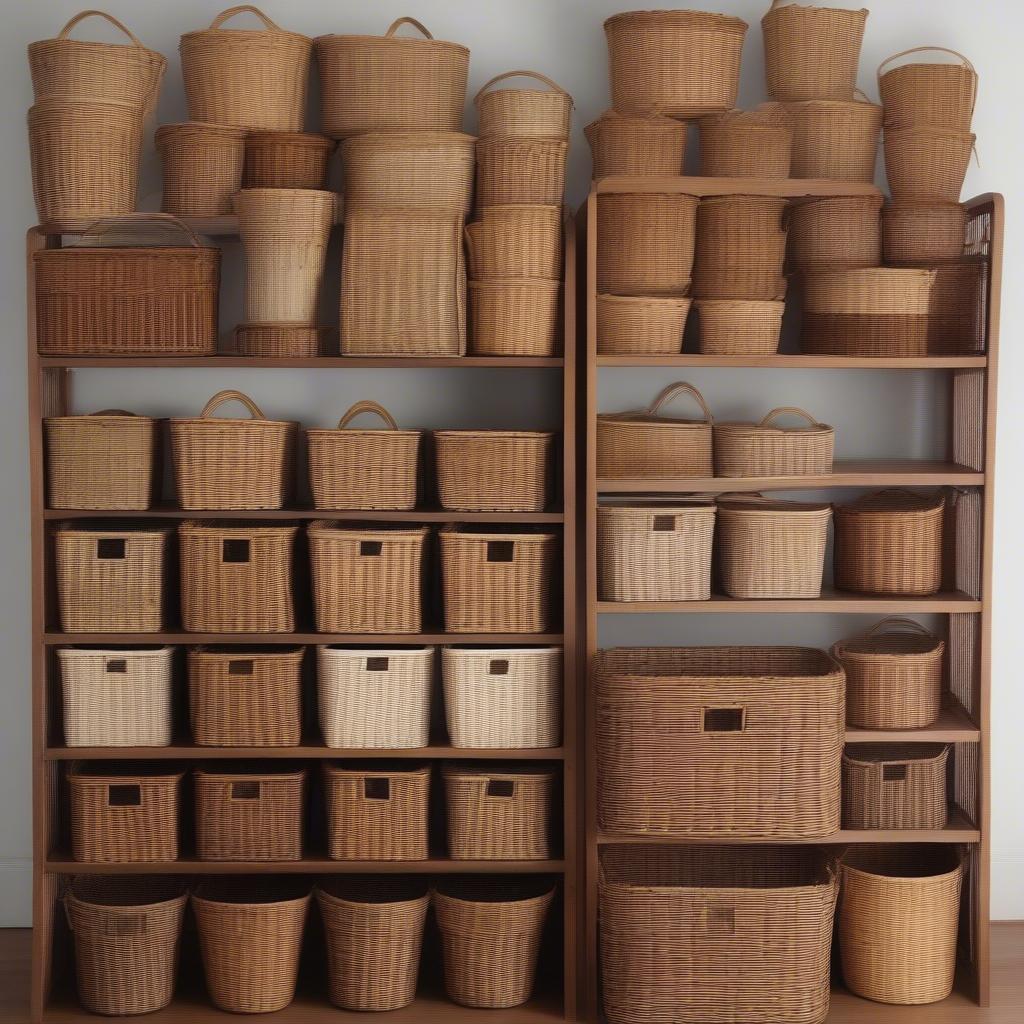 Various 12x12 wicker storage baskets showcasing different styles, colors, and weaves.