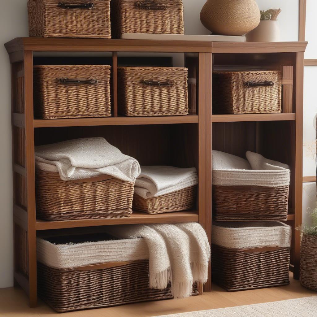 Wicker storage baskets 16x11x6 neatly organizing items in a living room setting, showcasing their practicality and aesthetic appeal.