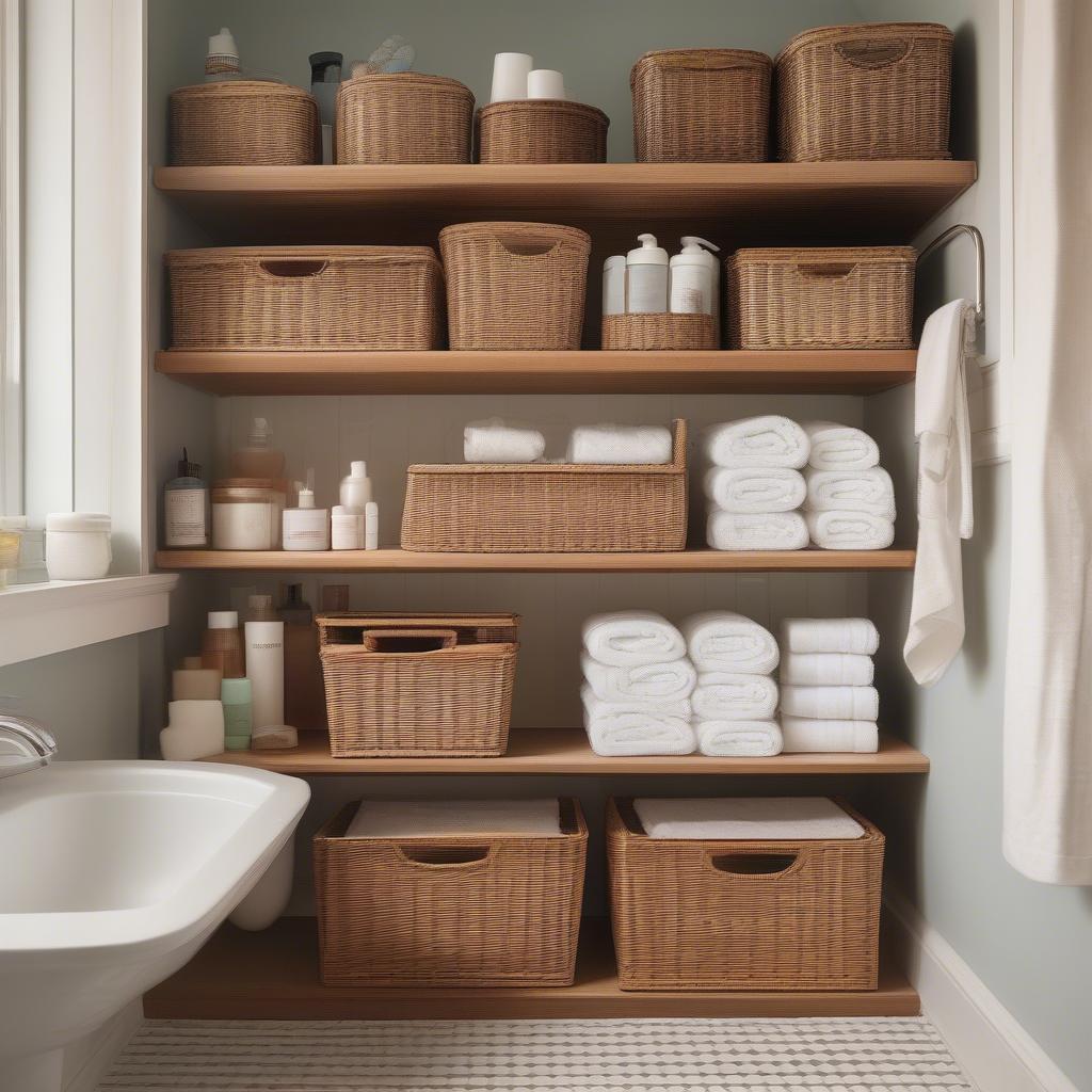 Wicker storage baskets in a bathroom setting.