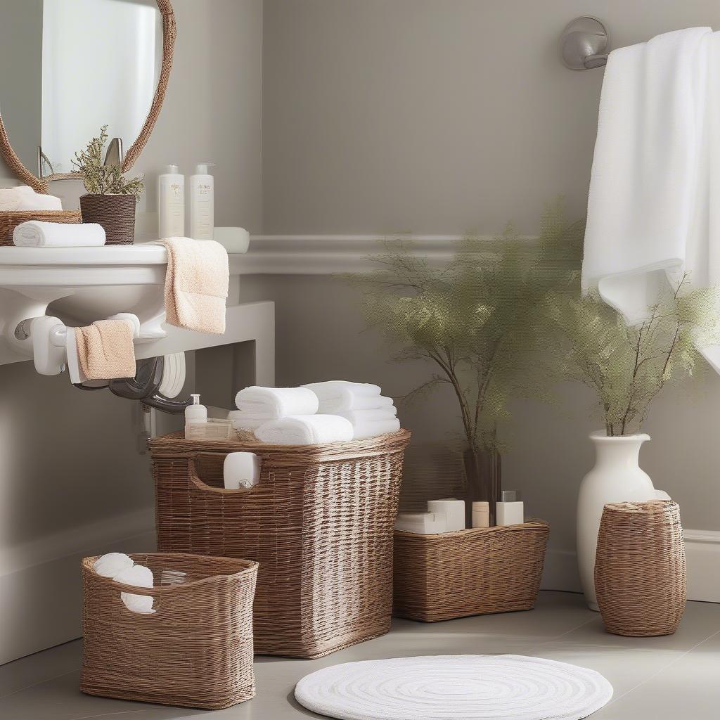 Wicker storage baskets in a bathroom, used for towels and toiletries.