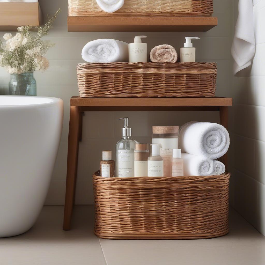 Wicker storage baskets used for bathroom organization