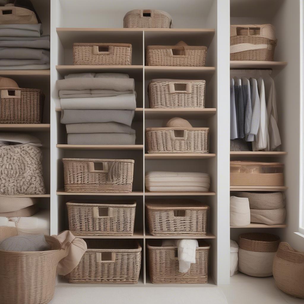 Wicker storage baskets in a bedroom setting, demonstrating their use for organizing clothes and other items.