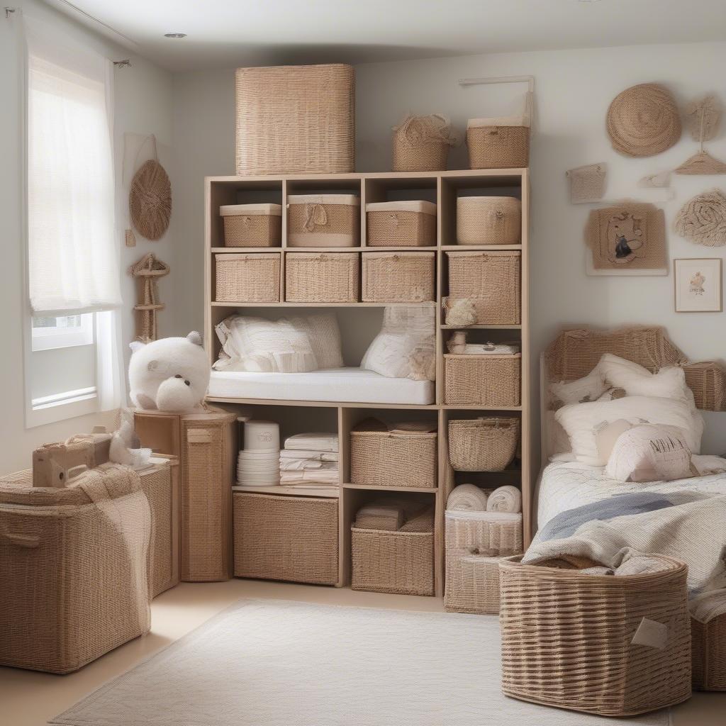 Wicker storage baskets in a child's bedroom