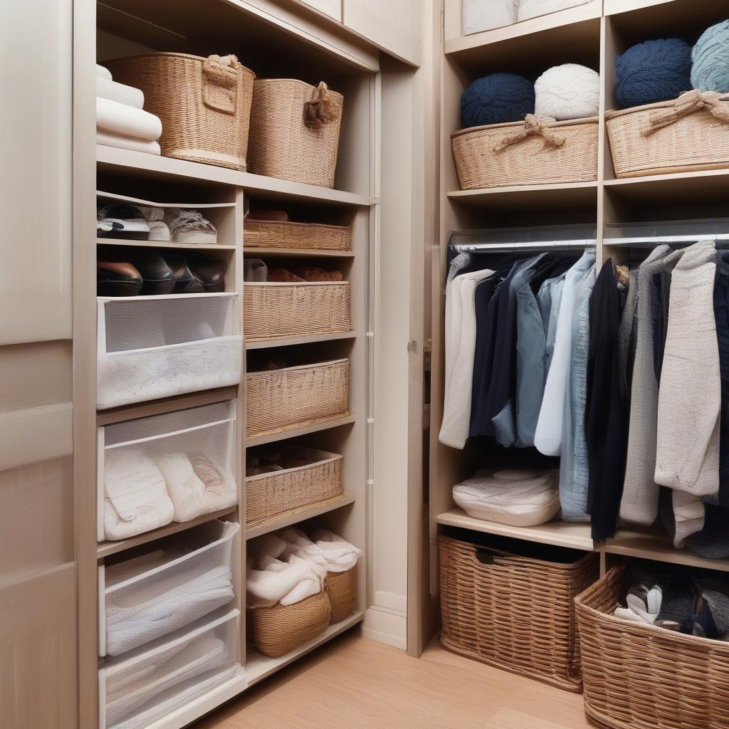 Wicker storage baskets used for organizing clothes in a bedroom