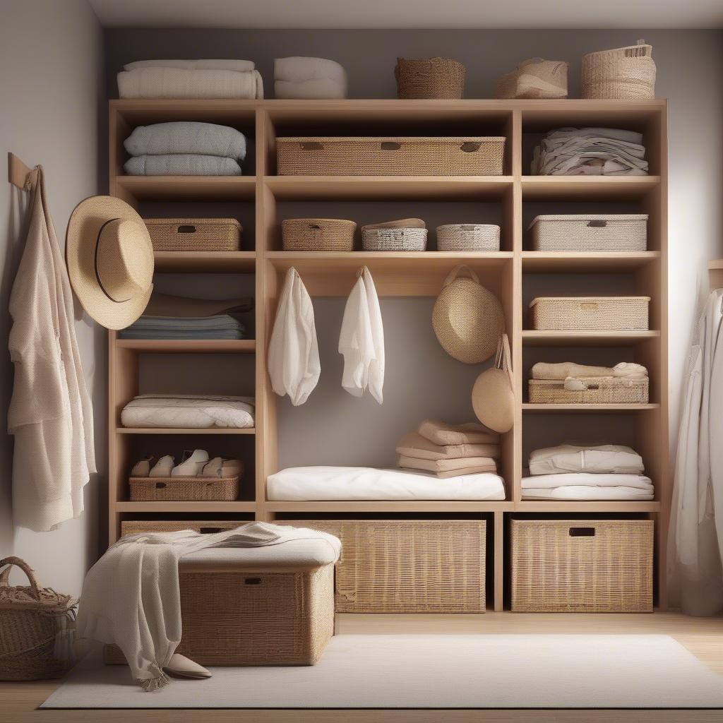 Wicker baskets used for organizing clothes and accessories in a bedroom, creating a clutter-free and stylish space.