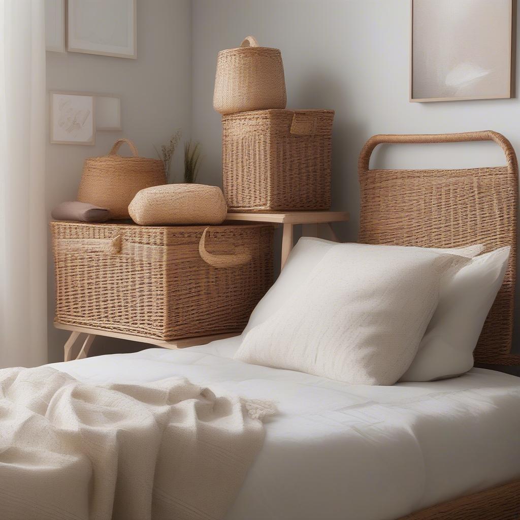 Wicker storage baskets used for bedroom organization