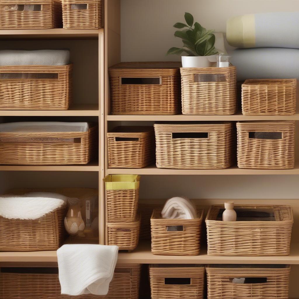 Various wicker storage baskets for cubbies, showcasing different shapes, sizes, and weaving patterns.