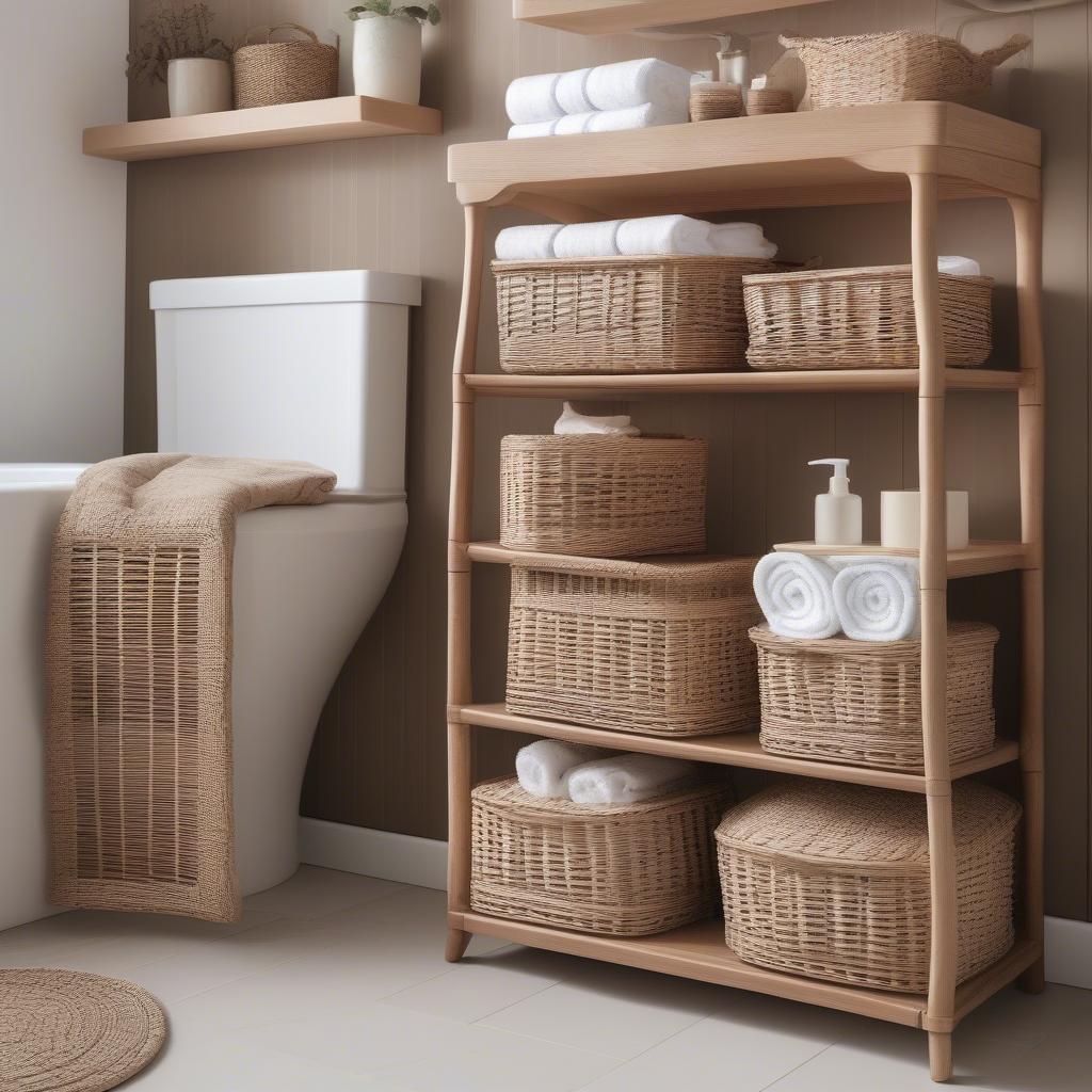 Various wicker storage baskets for towels displayed in a bathroom setting.