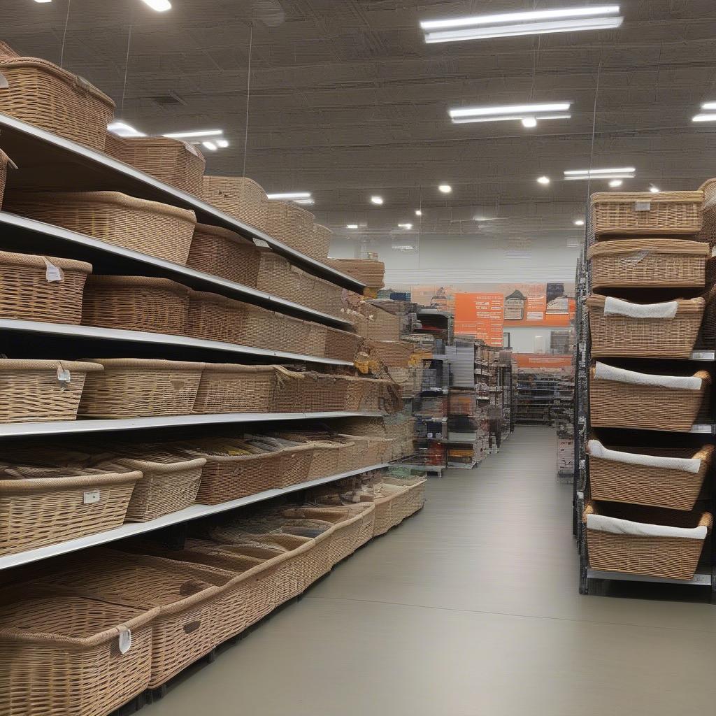 Wicker storage baskets displayed in a variety of sizes and styles at Home Depot.