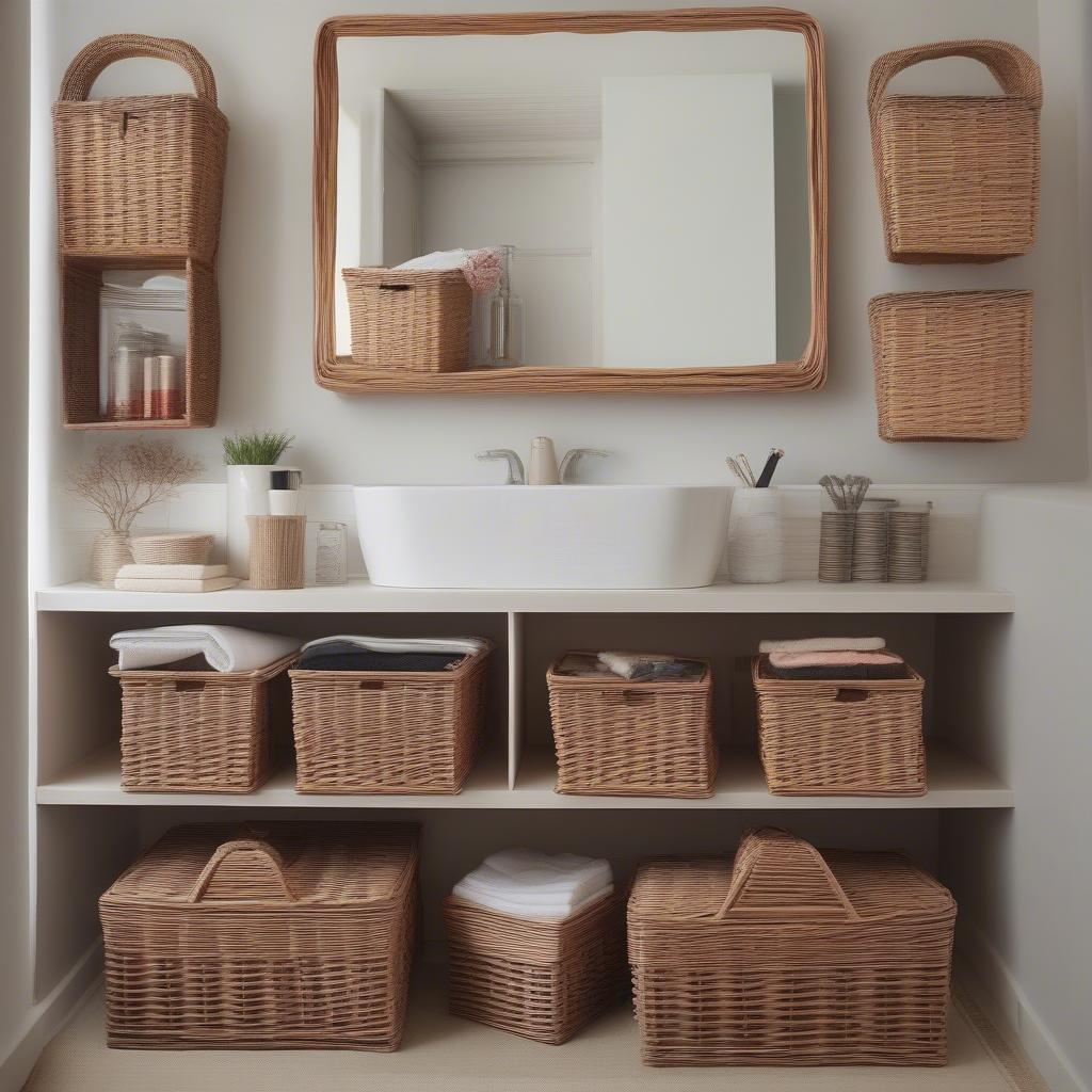 Wicker storage baskets used in various rooms - bedroom, living room, bathroom.