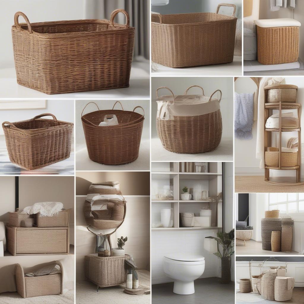 Wicker storage baskets used in various rooms of a house, showcasing their versatility and different styling options.