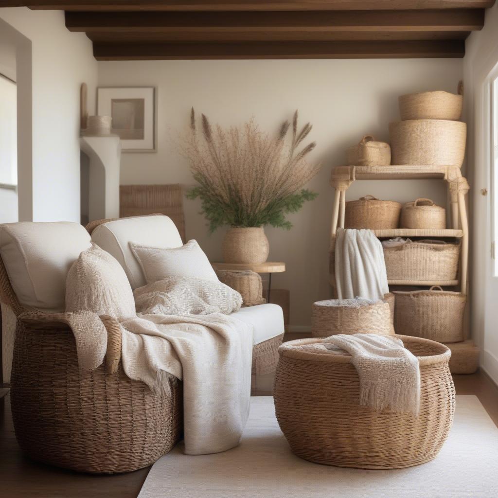 Wicker storage baskets neatly organizing blankets and throws in a cozy Irish living room