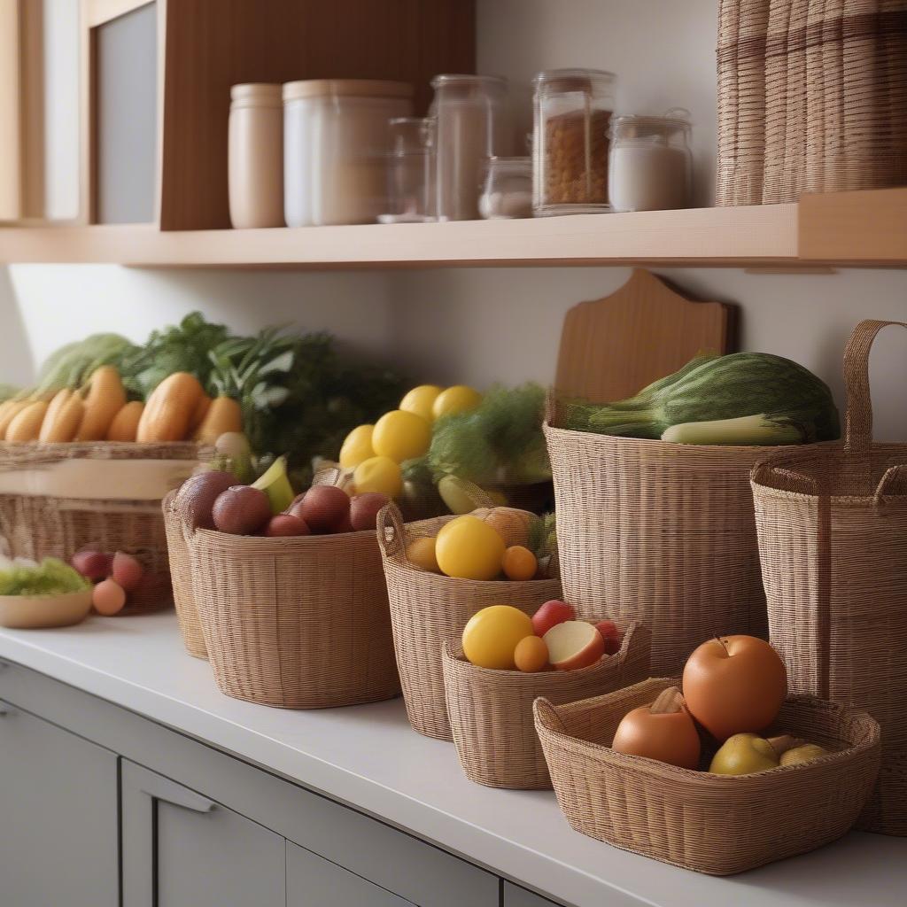 Wicker storage baskets neatly organizing various kitchen items on shelves and countertops.