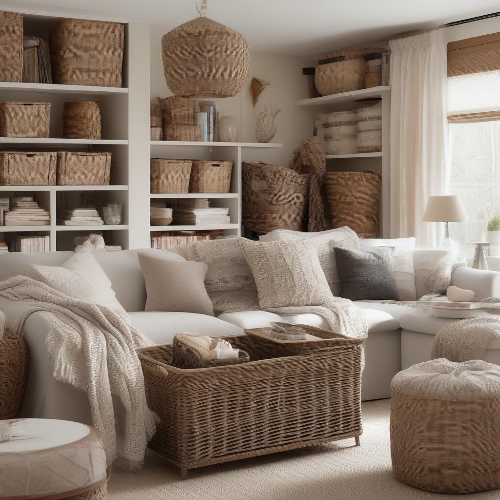 Wicker storage baskets in a living room setting