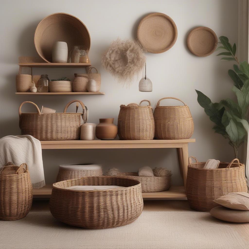 Wicker storage baskets in a living room setting, showcasing their versatility and aesthetic appeal