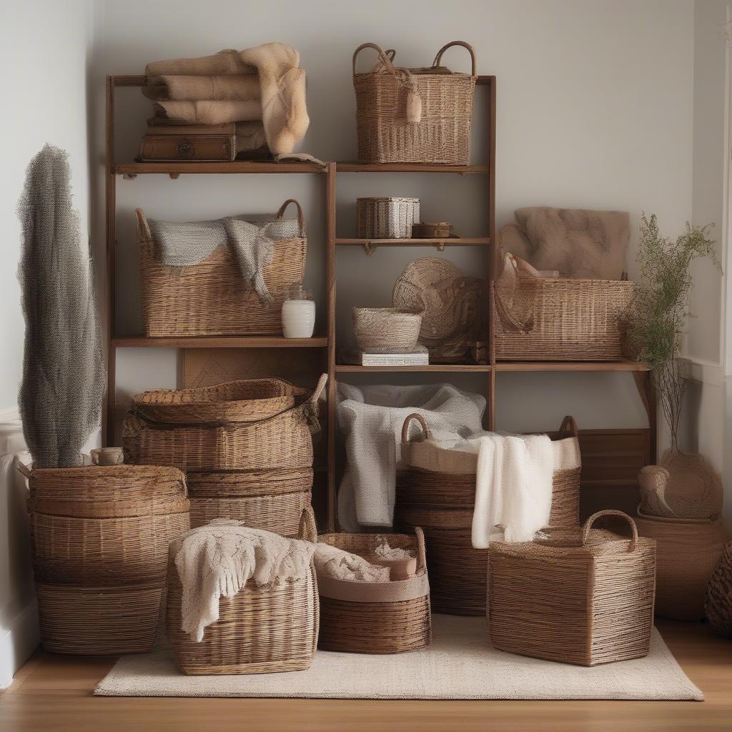 Wicker storage baskets in a living room setting