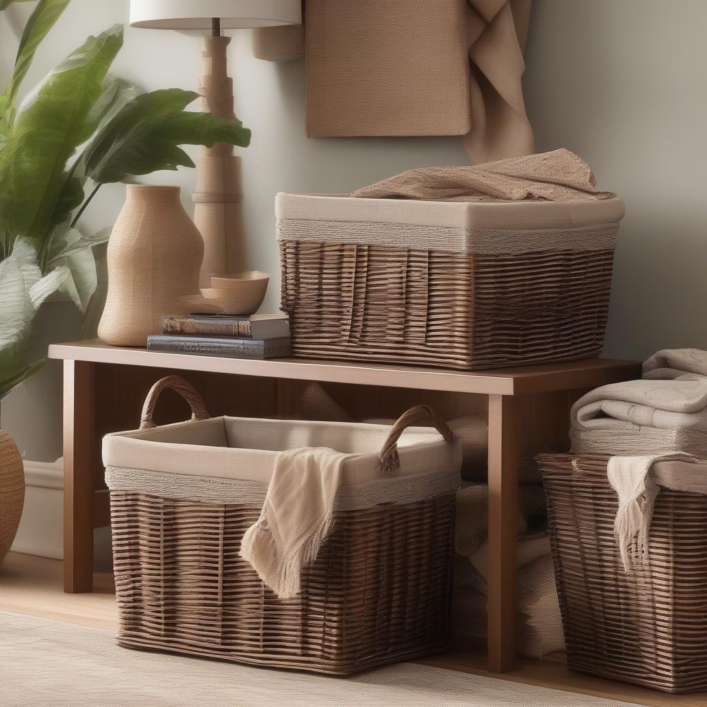 Wicker storage baskets in a living room setting, showcasing their versatility and stylish appeal.