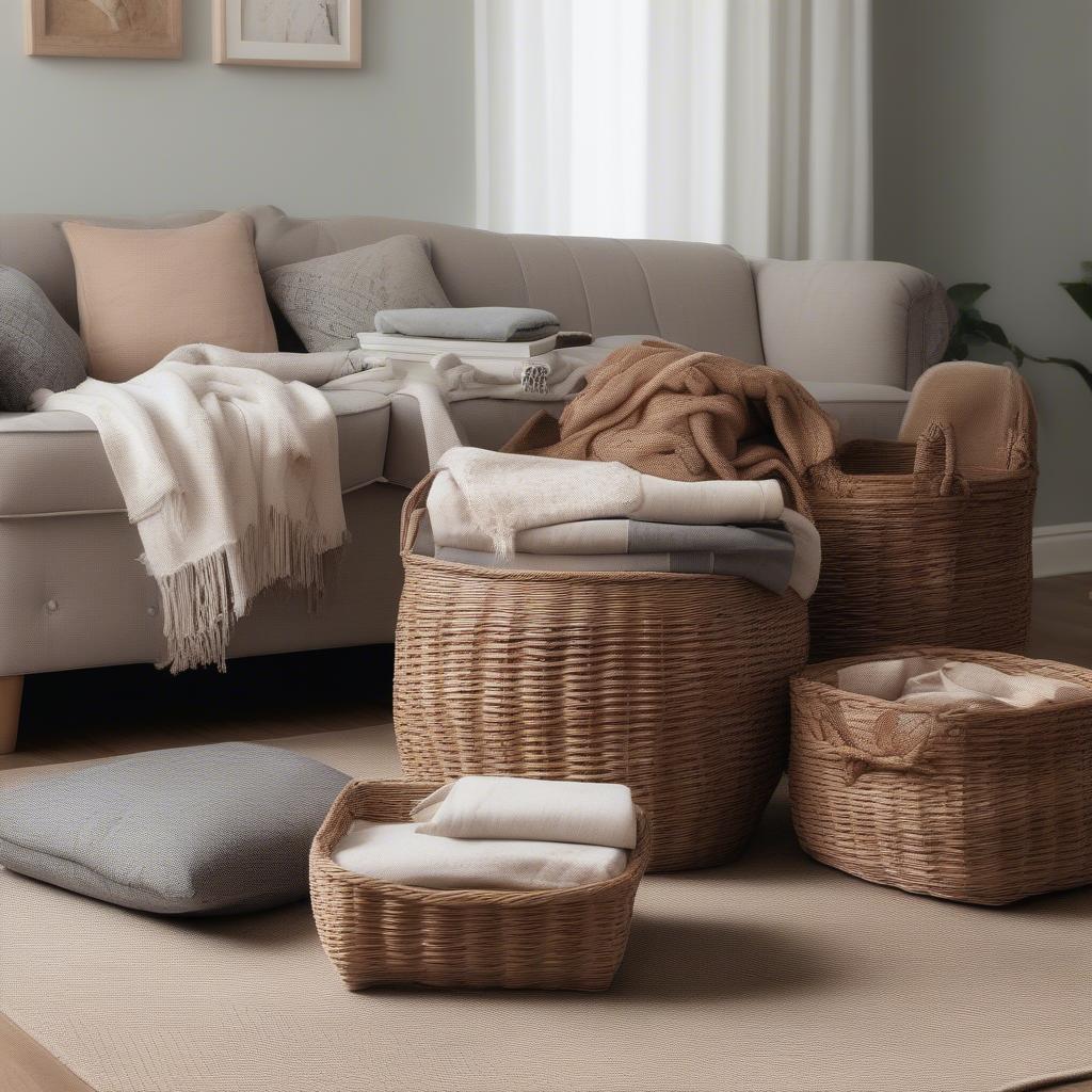 Wicker storage baskets in a living room setting, showcasing different sizes and styles for organizing blankets, throws, and magazines.