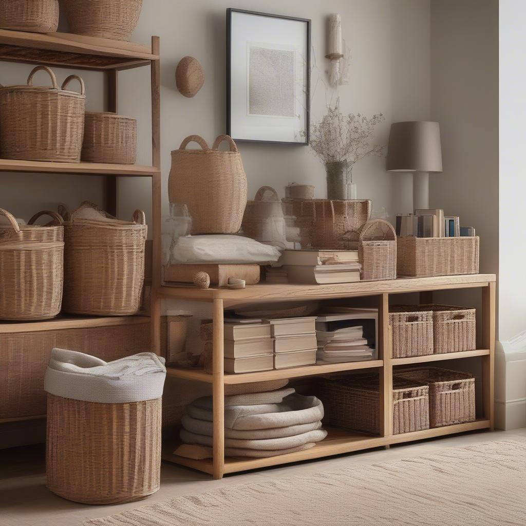 Wicker storage baskets in a living room setting