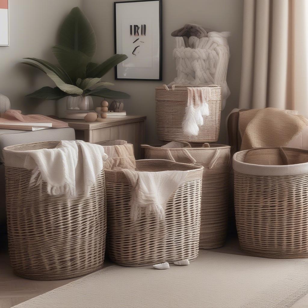 Wicker storage baskets in a living room setting