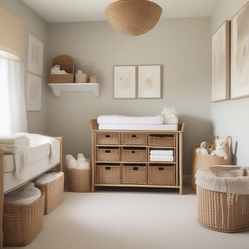 Wicker storage baskets in a calming nursery