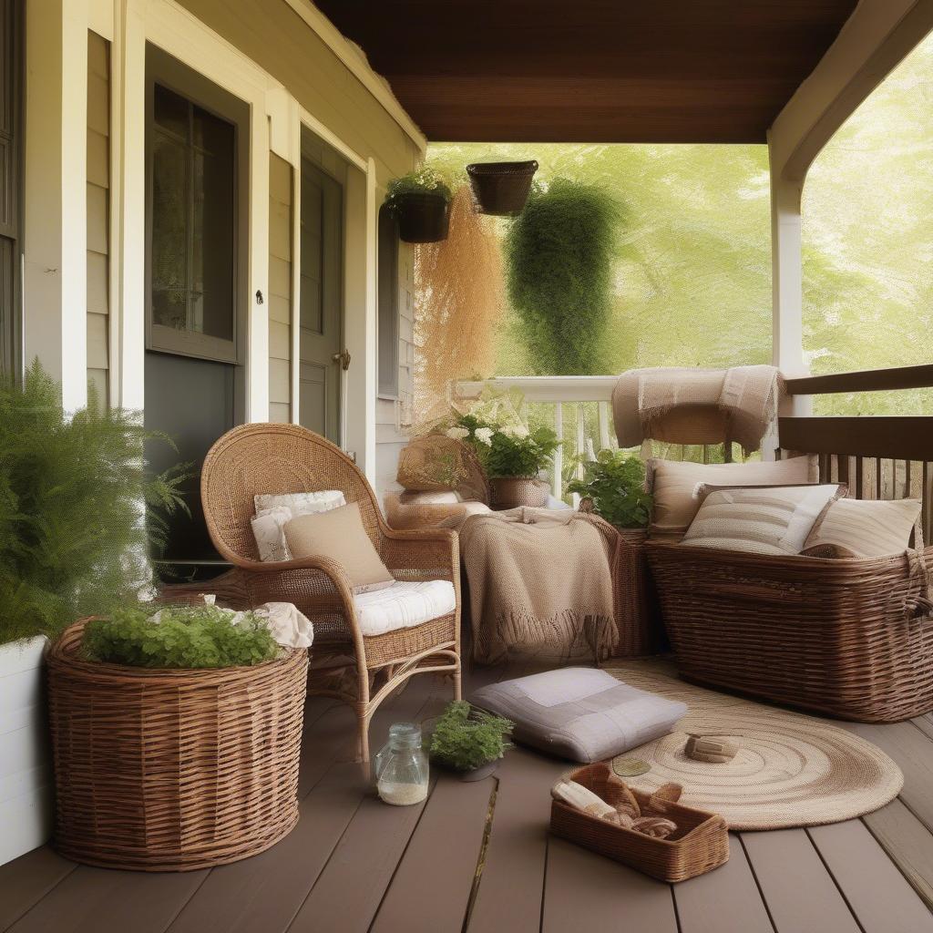 Wicker storage baskets on a porch, filled with blankets and pillows.