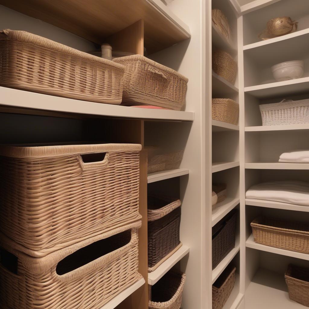 Wicker storage baskets organized on shelves